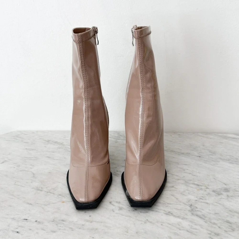 Princess Polly Barcelona Square Toe Block Heel Nude Patent Sock Boots‎ Size 7